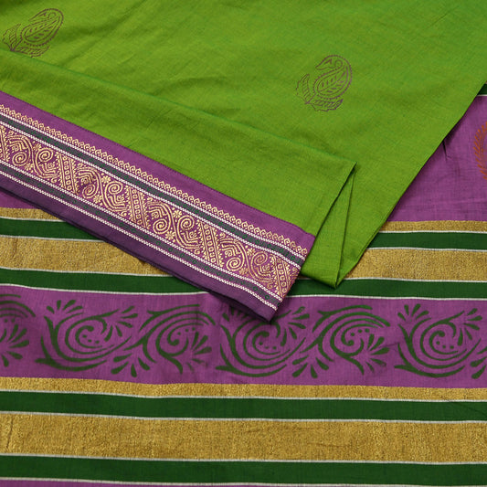 Vintage Green Purple Silk Blend Saree Hand Painted Indian Sari 6 Yard Fabric Craft Sewing Quilting Upcycle Dressmaking Material