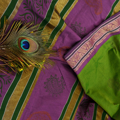 Vintage Green Purple Silk Blend Saree Hand Painted Indian Sari 6 Yard Fabric Craft Sewing Quilting Upcycle Dressmaking Material