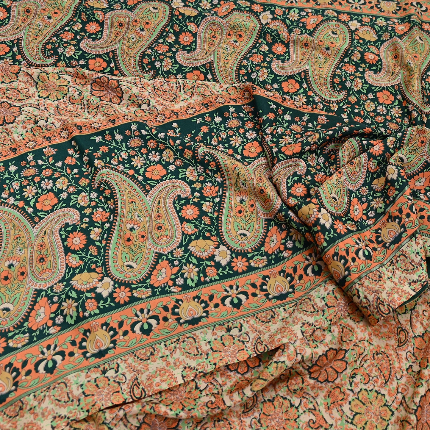 Vintage Beige Digital Printed Saree Floral Artificial Silk Fabric 6 Yards Indian Satin-Like Material for Dressmaking & Quilting Crafts