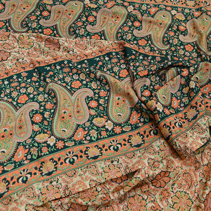 Vintage Beige Digital Printed Saree Floral Artificial Silk Fabric 6 Yards Indian Satin-Like Material for Dressmaking & Quilting Crafts