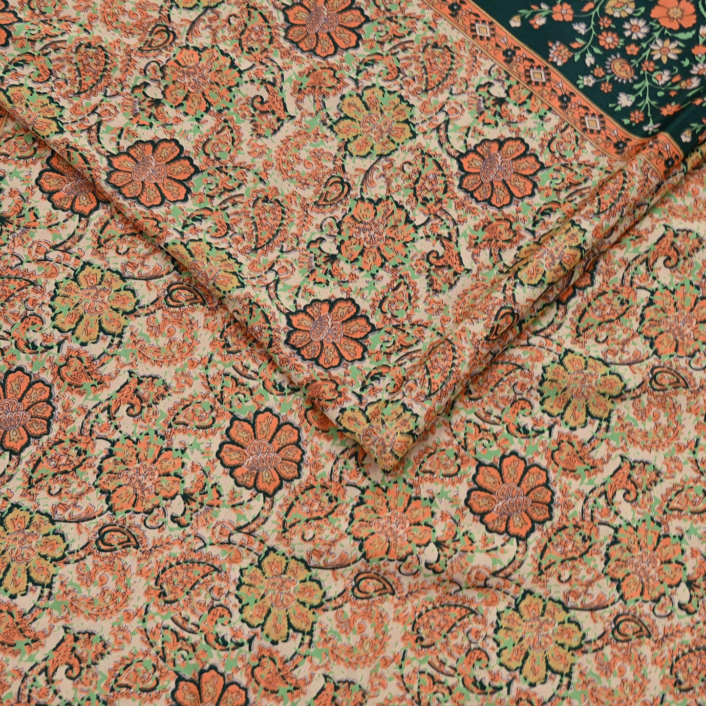 Vintage Beige Digital Printed Saree Floral Artificial Silk Fabric 6 Yards Indian Satin-Like Material for Dressmaking & Quilting Crafts