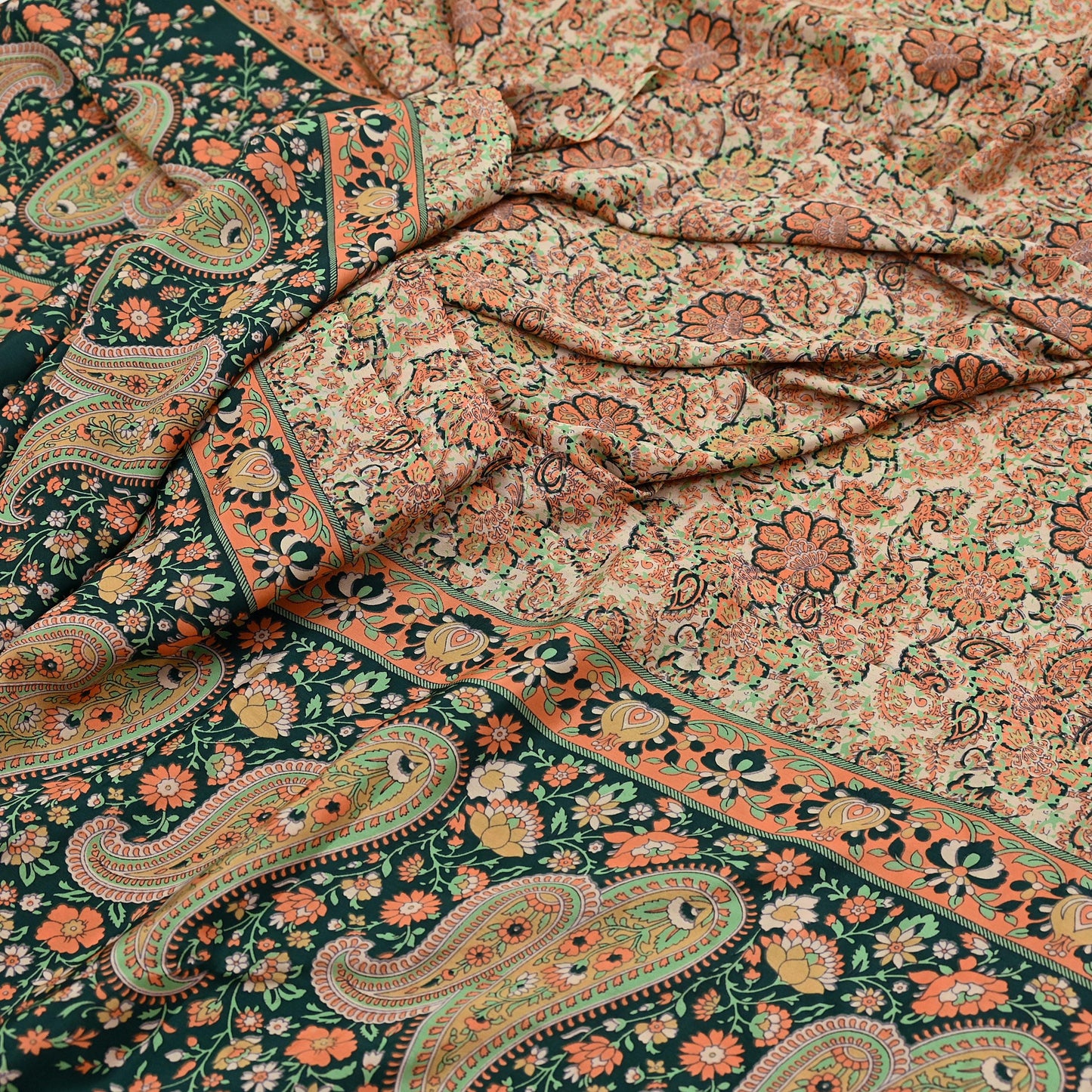 Vintage Beige Digital Printed Saree Floral Artificial Silk Fabric 6 Yards Indian Satin-Like Material for Dressmaking & Quilting Crafts