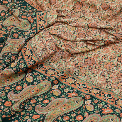 Vintage Beige Digital Printed Saree Floral Artificial Silk Fabric 6 Yards Indian Satin-Like Material for Dressmaking & Quilting Crafts