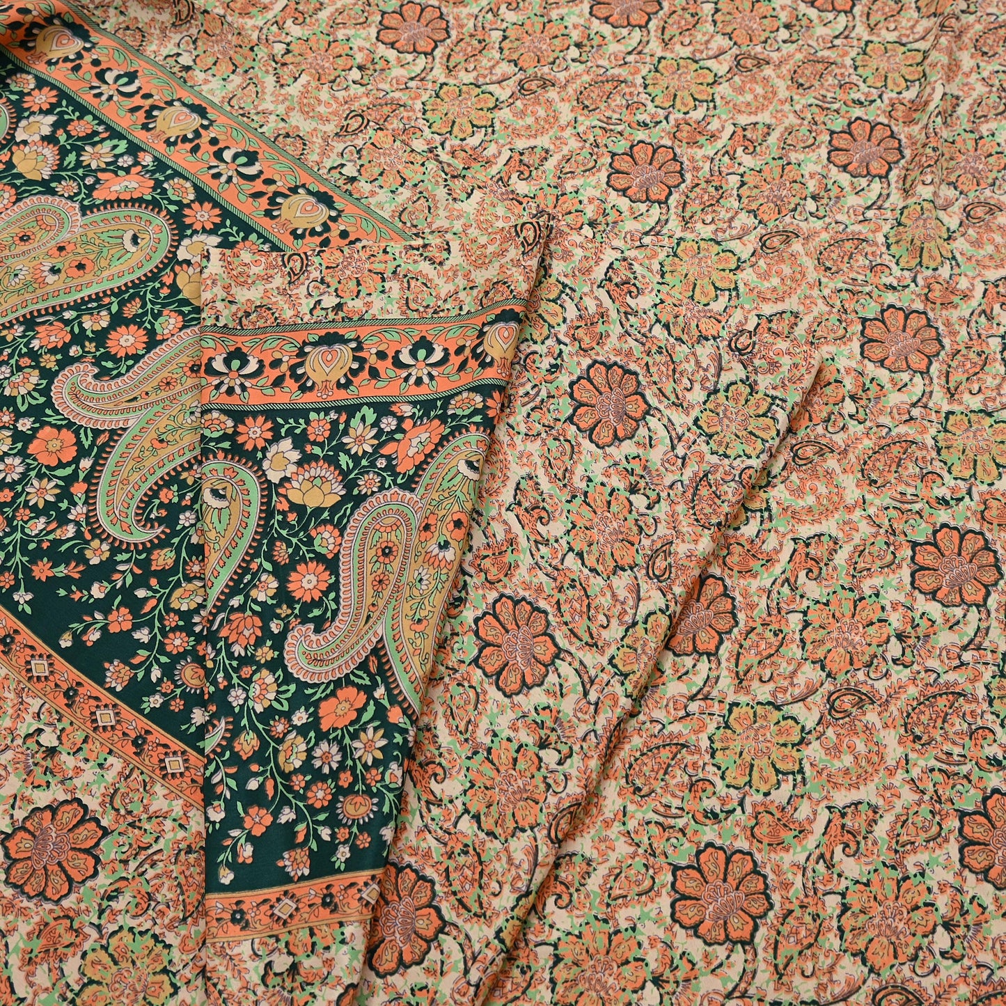 Vintage Beige Digital Printed Saree Floral Artificial Silk Fabric 6 Yards Indian Satin-Like Material for Dressmaking & Quilting Crafts