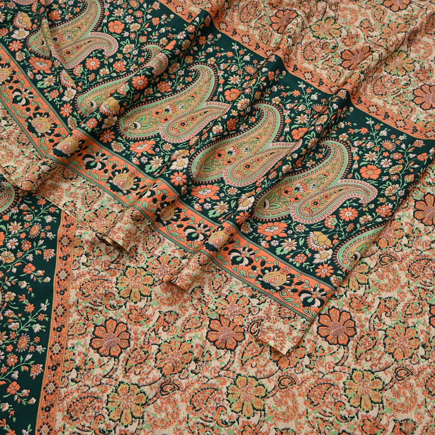 Vintage Beige Digital Printed Saree Floral Artificial Silk Fabric 6 Yards Indian Satin-Like Material for Dressmaking & Quilting Crafts