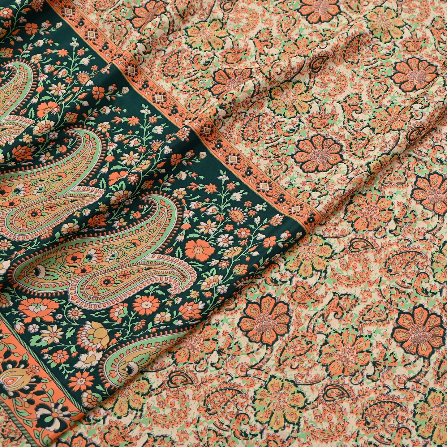Vintage Beige Digital Printed Saree Floral Artificial Silk Fabric 6 Yards Indian Satin-Like Material for Dressmaking & Quilting Crafts