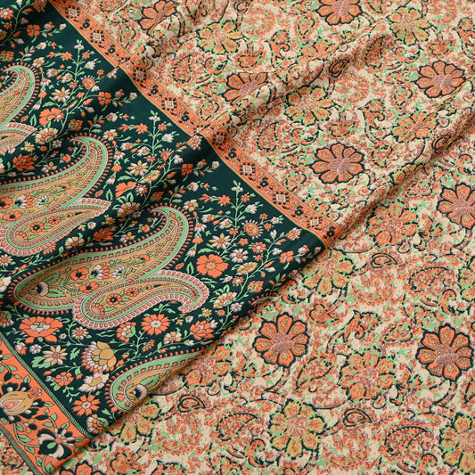 Vintage Beige Digital Printed Saree Floral Artificial Silk Fabric 6 Yards Indian Satin-Like Material for Dressmaking & Quilting Crafts