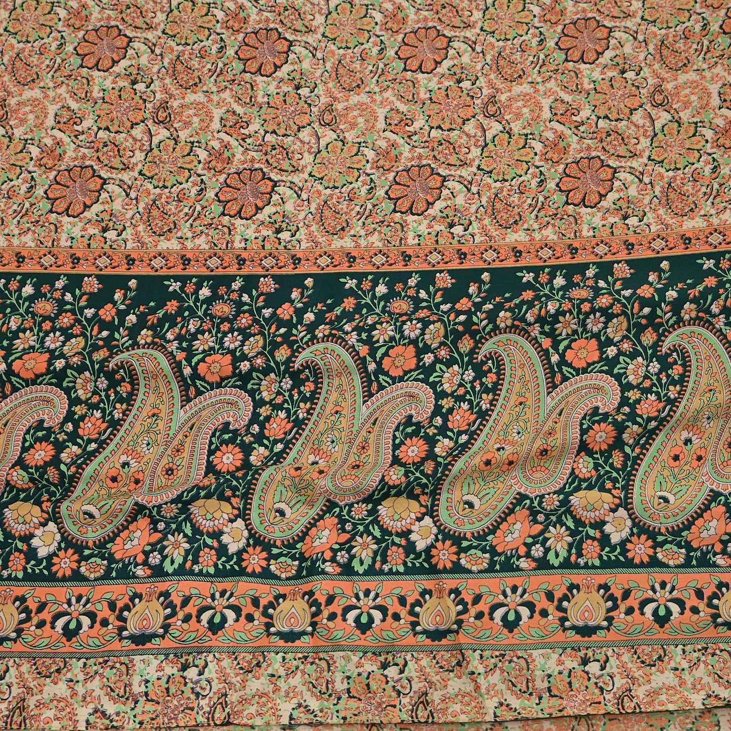 Vintage Beige Digital Printed Saree Floral Artificial Silk Fabric 6 Yards Indian Satin-Like Material for Dressmaking & Quilting Crafts