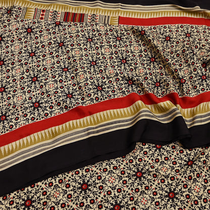 Vintage Beige Digital Printed Saree Floral Artificial Silk Fabric 5 Yards Indian Satin-Like Material for Dressmaking & Quilting Crafts