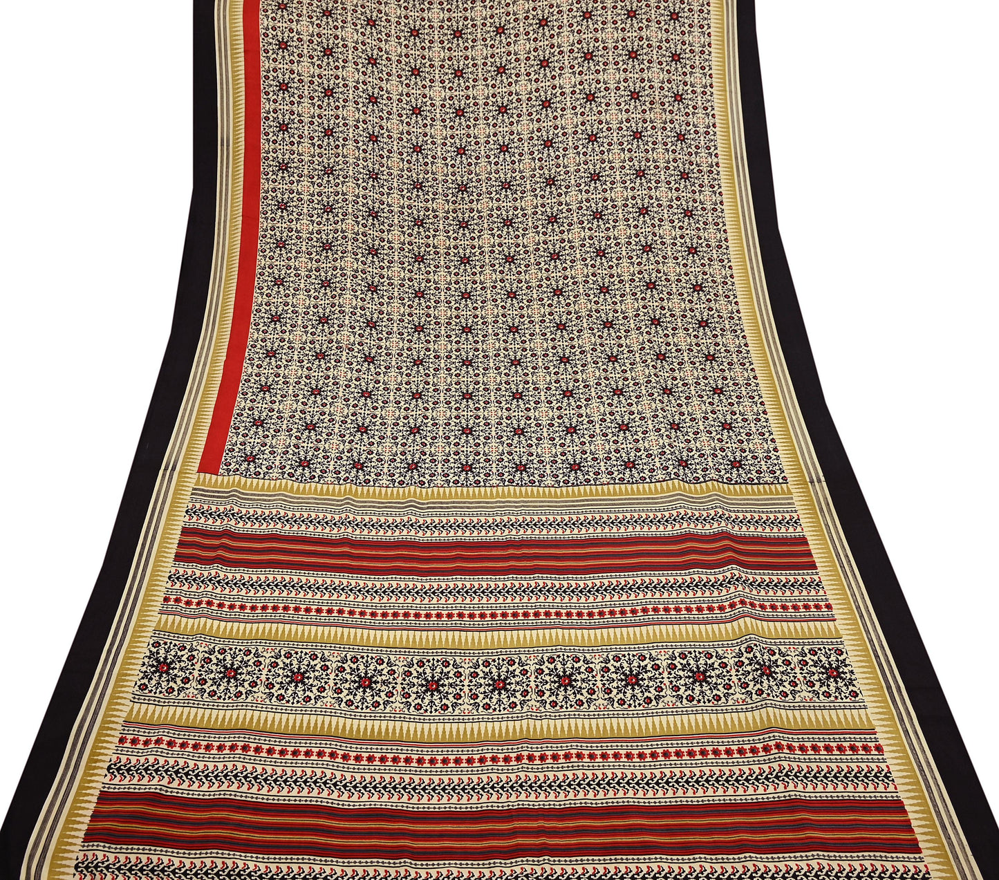 Vintage Beige Digital Printed Saree Floral Artificial Silk Fabric 5 Yards Indian Satin-Like Material for Dressmaking & Quilting Crafts