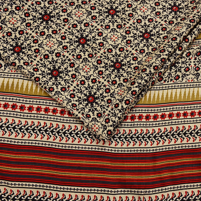 Vintage Beige Digital Printed Saree Floral Artificial Silk Fabric 5 Yards Indian Satin-Like Material for Dressmaking & Quilting Crafts