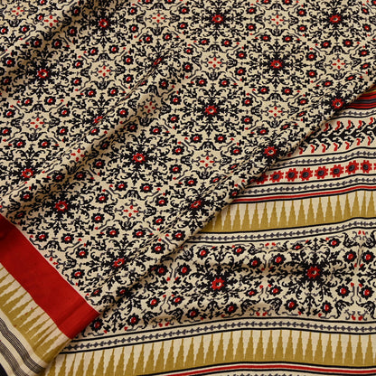 Vintage Beige Digital Printed Saree Floral Artificial Silk Fabric 5 Yards Indian Satin-Like Material for Dressmaking & Quilting Crafts