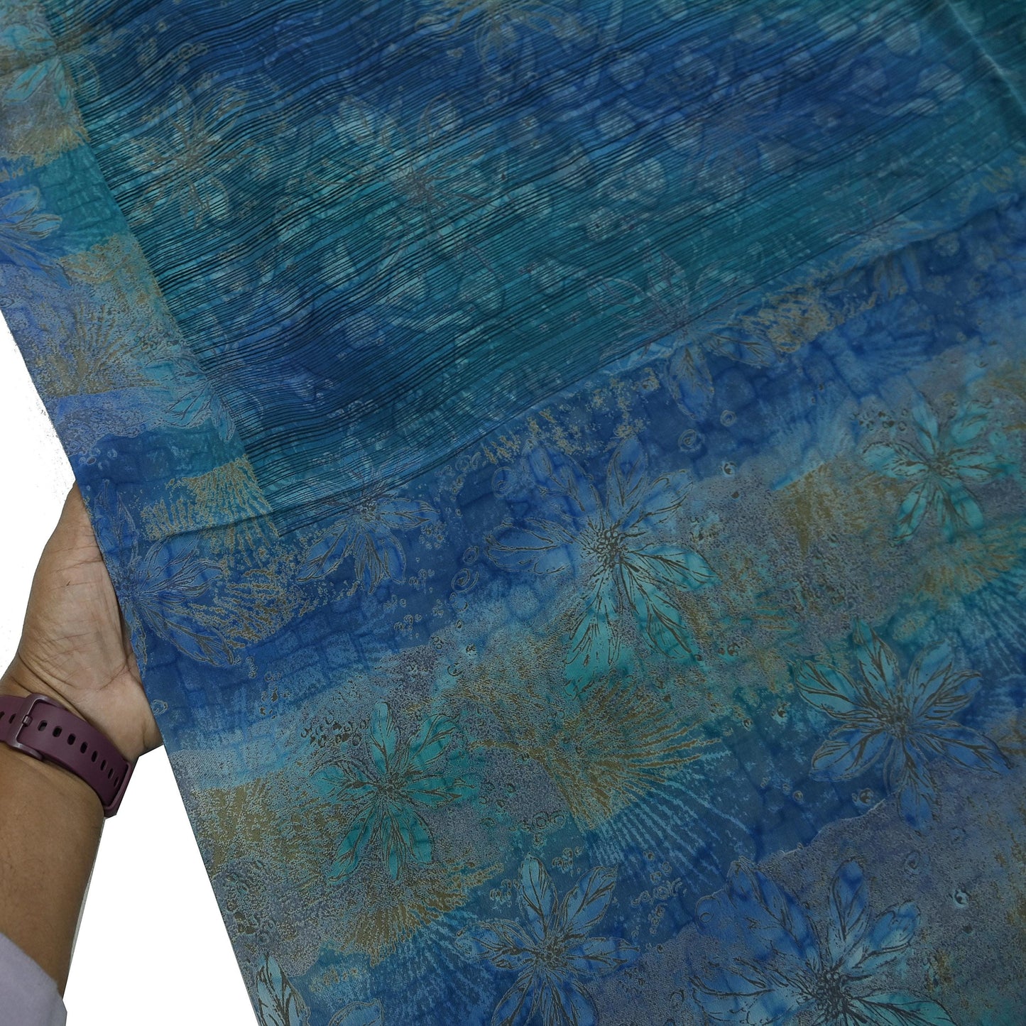Vintage Blue Green Crepe Silk Saree Indian Pure Silk Printed Floral 6 Yard Fabric Soft Sewing Material for Dressmaking & Craft Projects