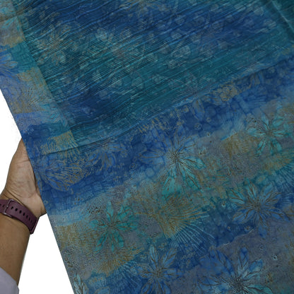 Vintage Blue Green Crepe Silk Saree Indian Pure Silk Printed Floral 6 Yard Fabric Soft Sewing Material for Dressmaking & Craft Projects
