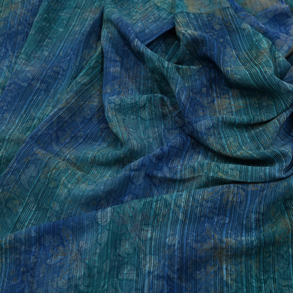 Vintage Blue Green Crepe Silk Saree Indian Pure Silk Printed Floral 6 Yard Fabric Soft Sewing Material for Dressmaking & Craft Projects