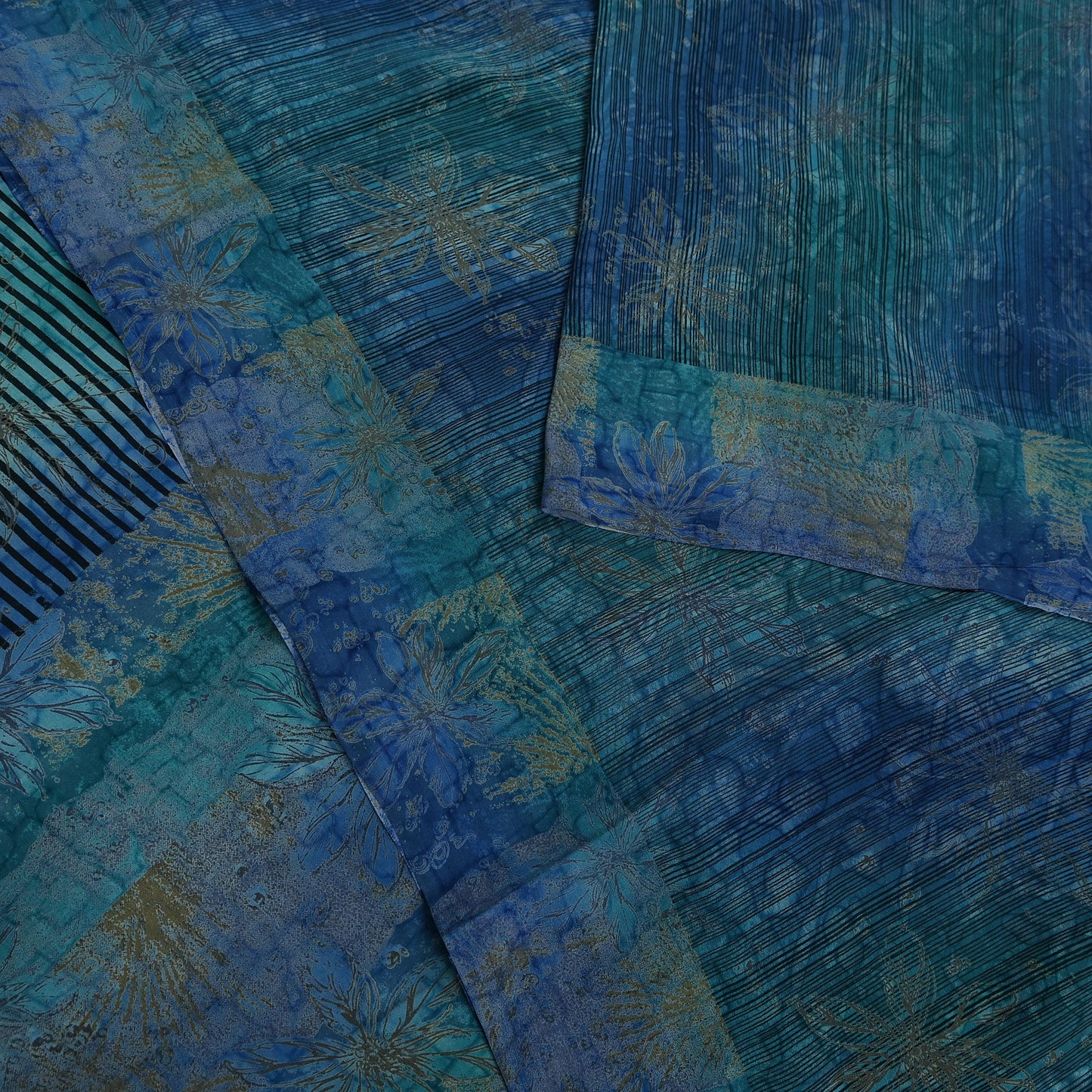 Vintage Blue Green Crepe Silk Saree Indian Pure Silk Printed Floral 6 Yard Fabric Soft Sewing Material for Dressmaking & Craft Projects