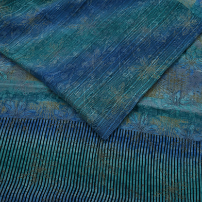 Vintage Blue Green Crepe Silk Saree Indian Pure Silk Printed Floral 6 Yard Fabric Soft Sewing Material for Dressmaking & Craft Projects