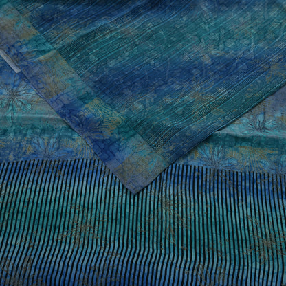 Vintage Blue Green Crepe Silk Saree Indian Pure Silk Printed Floral 6 Yard Fabric Soft Sewing Material for Dressmaking & Craft Projects