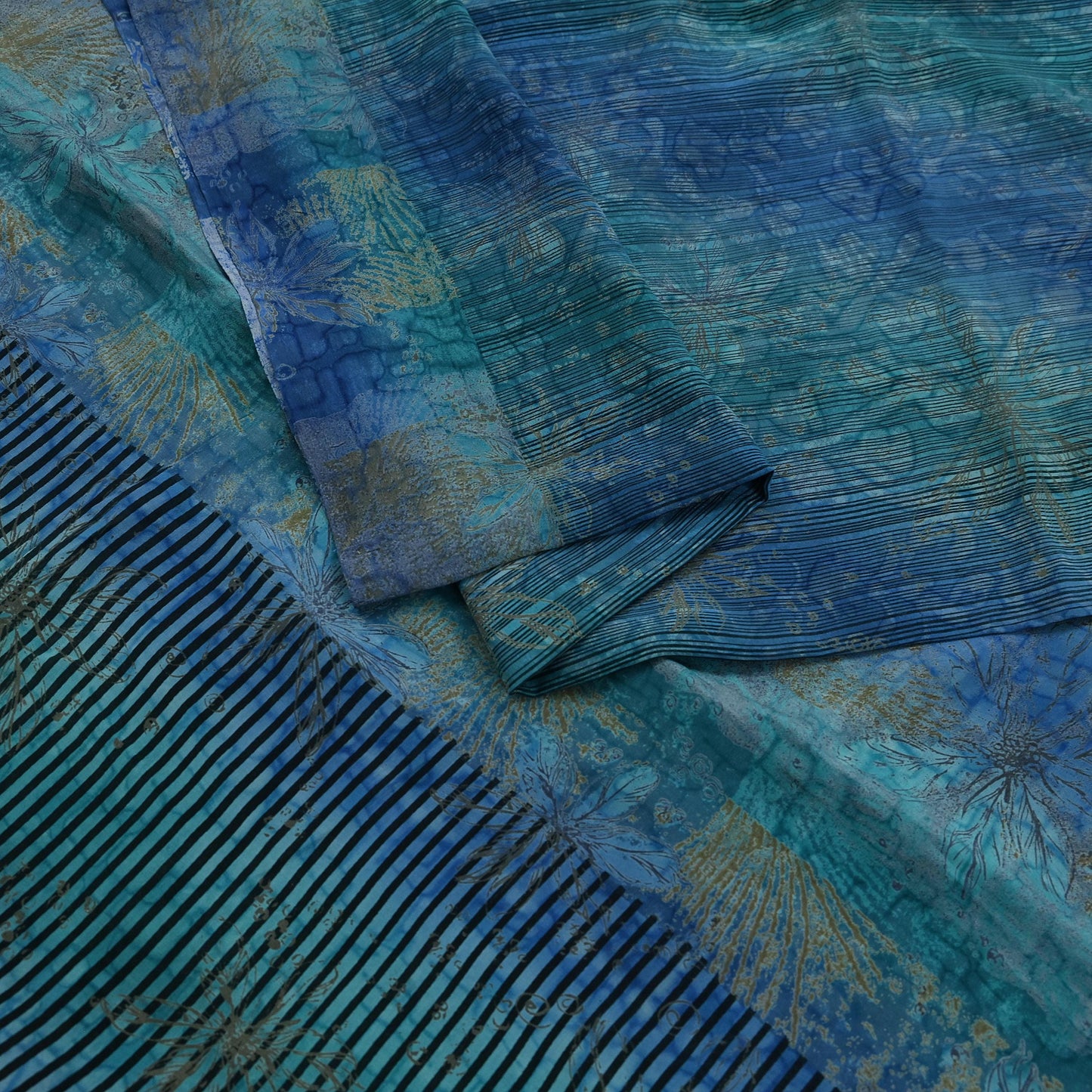 Vintage Blue Green Crepe Silk Saree Indian Pure Silk Printed Floral 6 Yard Fabric Soft Sewing Material for Dressmaking & Craft Projects