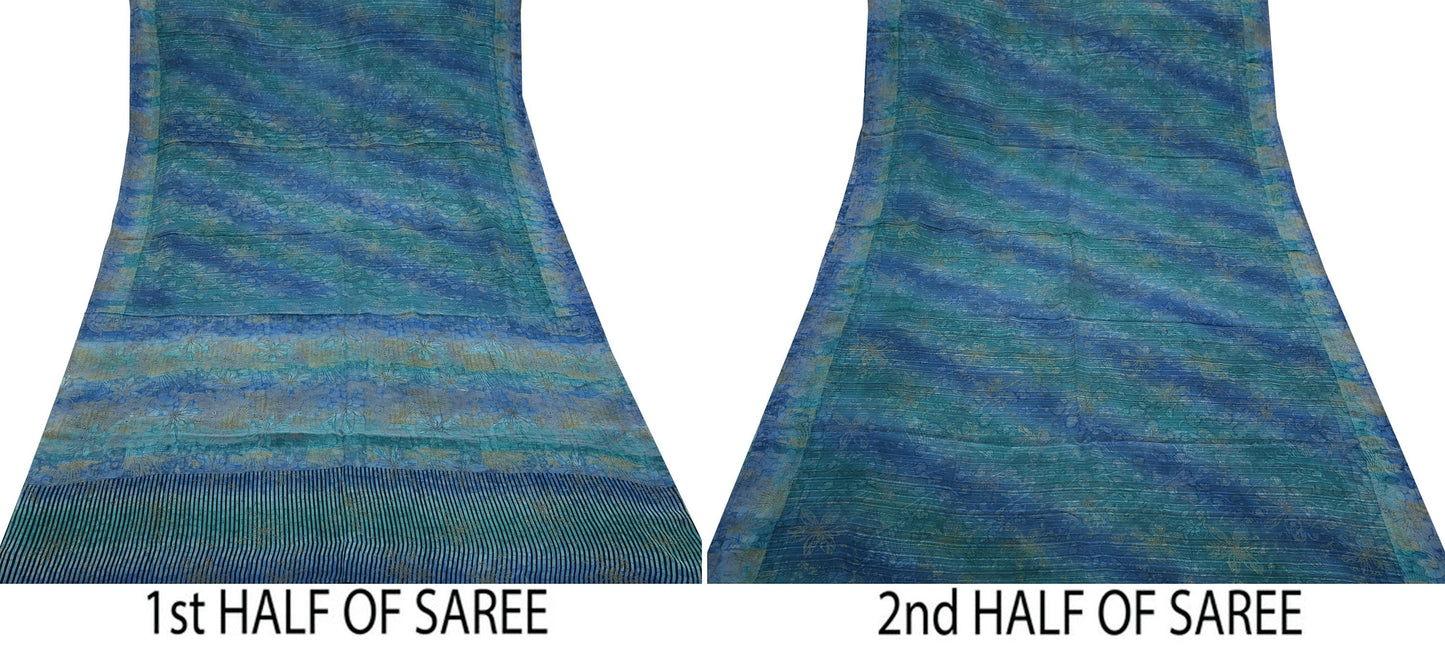 Vintage Blue Green Crepe Silk Saree Indian Pure Silk Printed Floral 6 Yard Fabric Soft Sewing Material for Dressmaking & Craft Projects