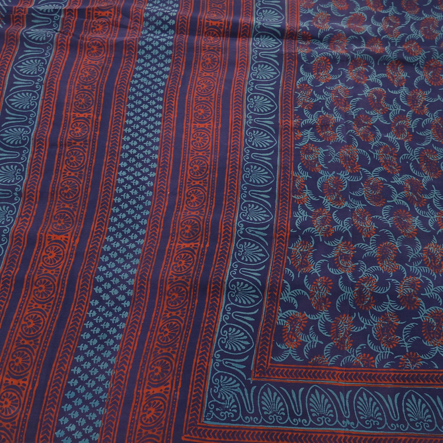 Vintage Blue Crepe Silk Saree Hand Block Printed Pure Silk Fabric 6 Yard Floral Indian Sari Soft Craft Quilting Dressmaking Material