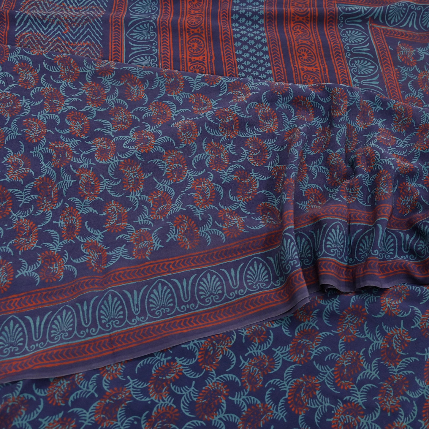 Vintage Blue Crepe Silk Saree Hand Block Printed Pure Silk Fabric 6 Yard Floral Indian Sari Soft Craft Quilting Dressmaking Material