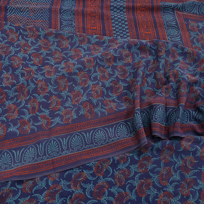 Vintage Blue Crepe Silk Saree Hand Block Printed Pure Silk Fabric 6 Yard Floral Indian Sari Soft Craft Quilting Dressmaking Material
