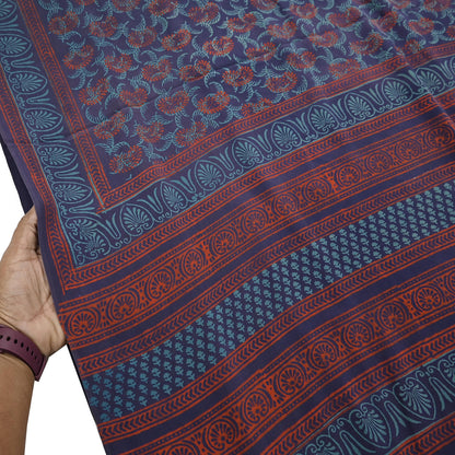 Vintage Blue Crepe Silk Saree Hand Block Printed Pure Silk Fabric 6 Yard Floral Indian Sari Soft Craft Quilting Dressmaking Material