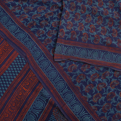 Vintage Blue Crepe Silk Saree Hand Block Printed Pure Silk Fabric 6 Yard Floral Indian Sari Soft Craft Quilting Dressmaking Material