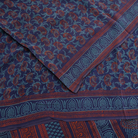 Vintage Blue Crepe Silk Saree Hand Block Printed Pure Silk Fabric 6 Yard Floral Indian Sari Soft Craft Quilting Dressmaking Material