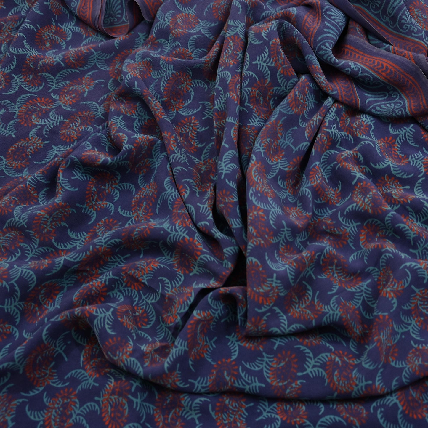 Vintage Blue Crepe Silk Saree Hand Block Printed Pure Silk Fabric 6 Yard Floral Indian Sari Soft Craft Quilting Dressmaking Material