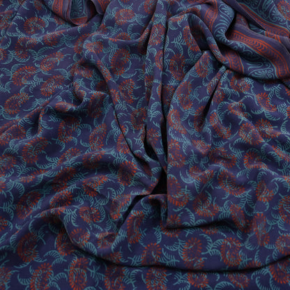 Vintage Blue Crepe Silk Saree Hand Block Printed Pure Silk Fabric 6 Yard Floral Indian Sari Soft Craft Quilting Dressmaking Material