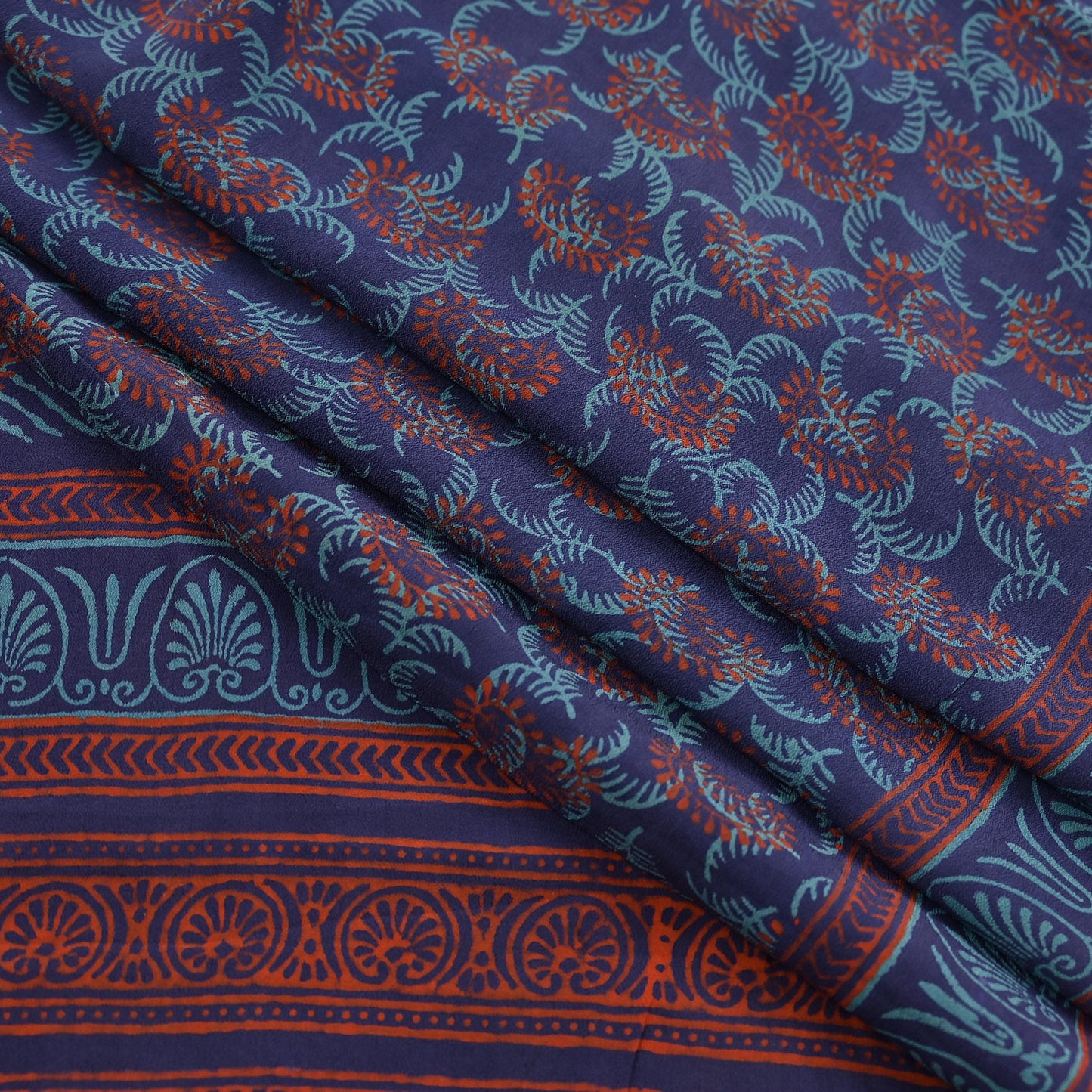 Vintage Blue Crepe Silk Saree Hand Block Printed Pure Silk Fabric 6 Yard Floral Indian Sari Soft Craft Quilting Dressmaking Material