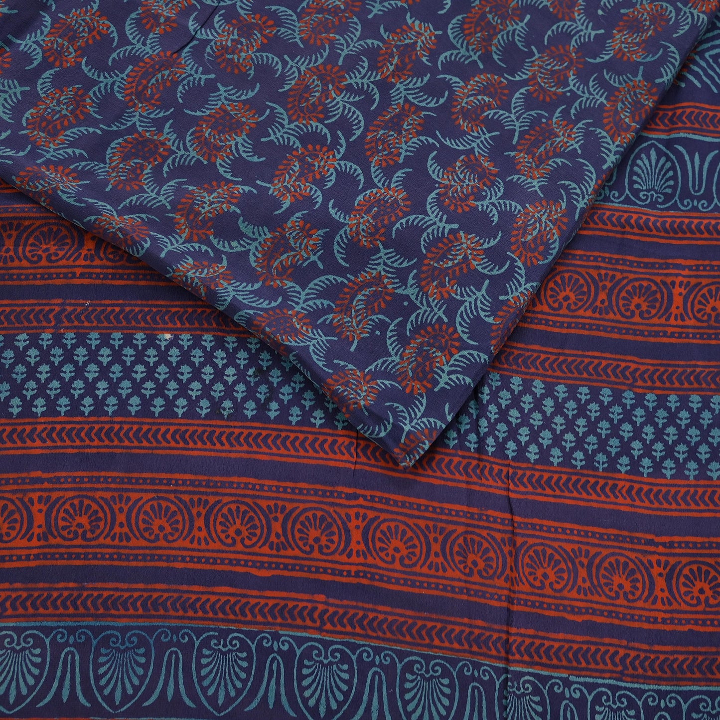 Vintage Blue Crepe Silk Saree Hand Block Printed Pure Silk Fabric 6 Yard Floral Indian Sari Soft Craft Quilting Dressmaking Material