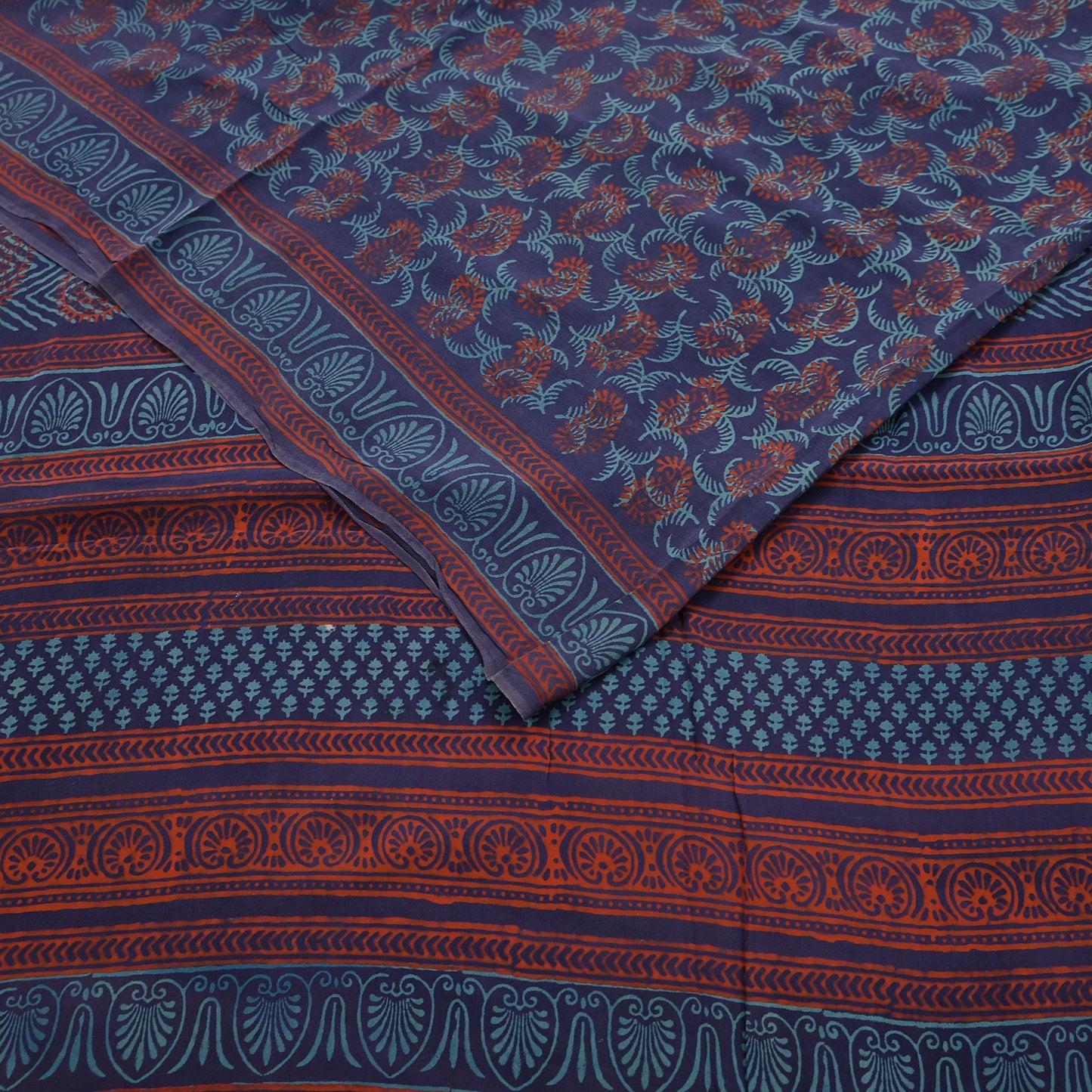 Vintage Blue Crepe Silk Saree Hand Block Printed Pure Silk Fabric 6 Yard Floral Indian Sari Soft Craft Quilting Dressmaking Material