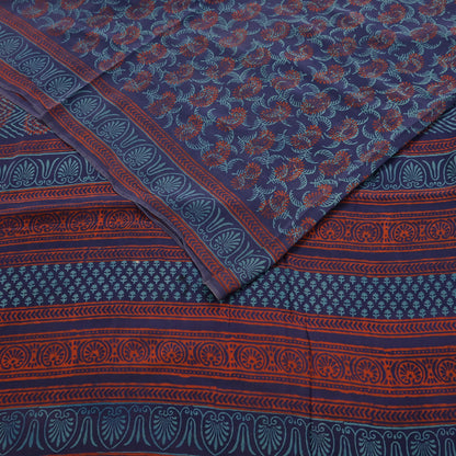 Vintage Blue Crepe Silk Saree Hand Block Printed Pure Silk Fabric 6 Yard Floral Indian Sari Soft Craft Quilting Dressmaking Material