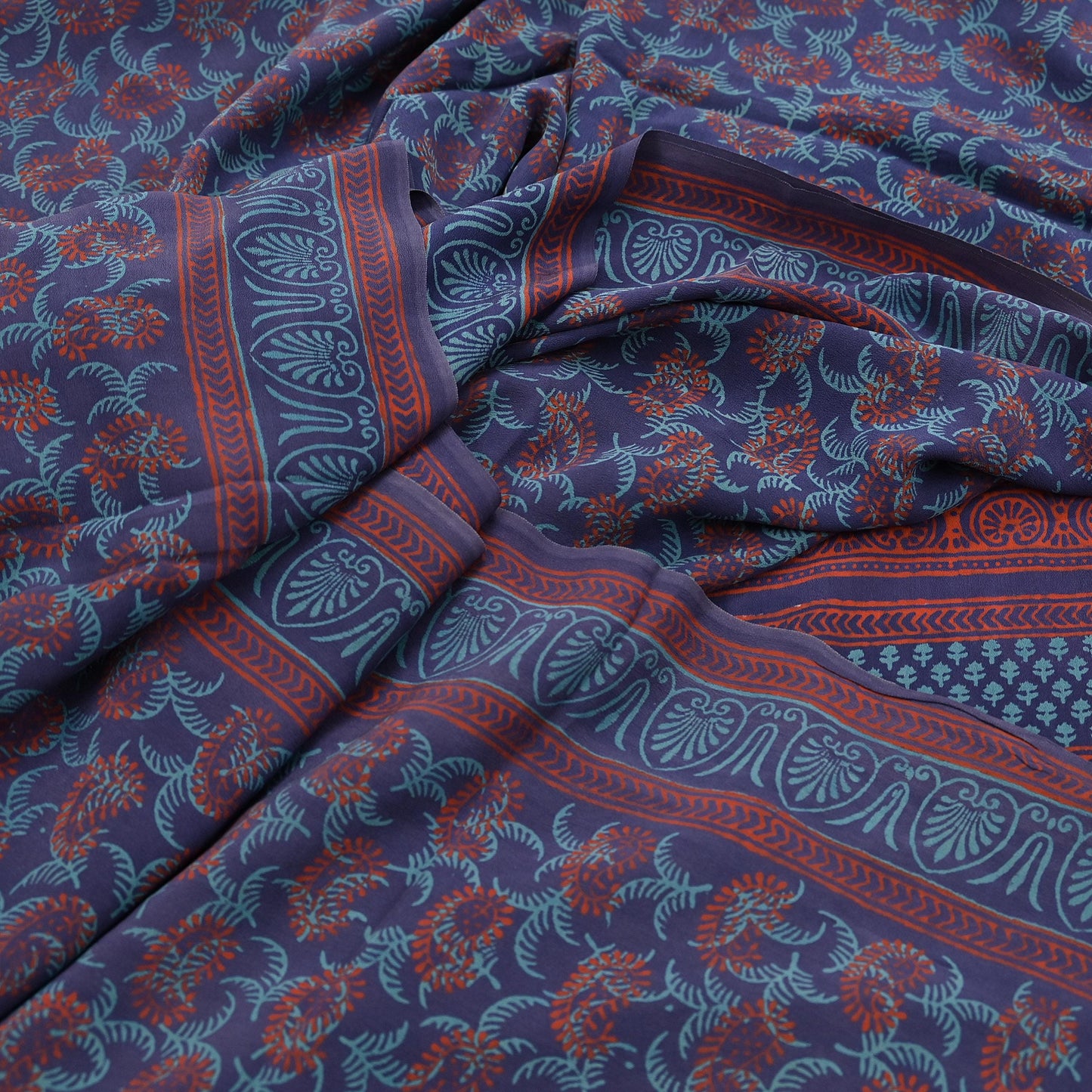Vintage Blue Crepe Silk Saree Hand Block Printed Pure Silk Fabric 6 Yard Floral Indian Sari Soft Craft Quilting Dressmaking Material