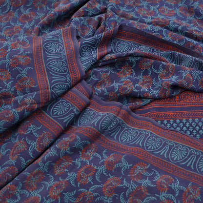 Vintage Blue Crepe Silk Saree Hand Block Printed Pure Silk Fabric 6 Yard Floral Indian Sari Soft Craft Quilting Dressmaking Material