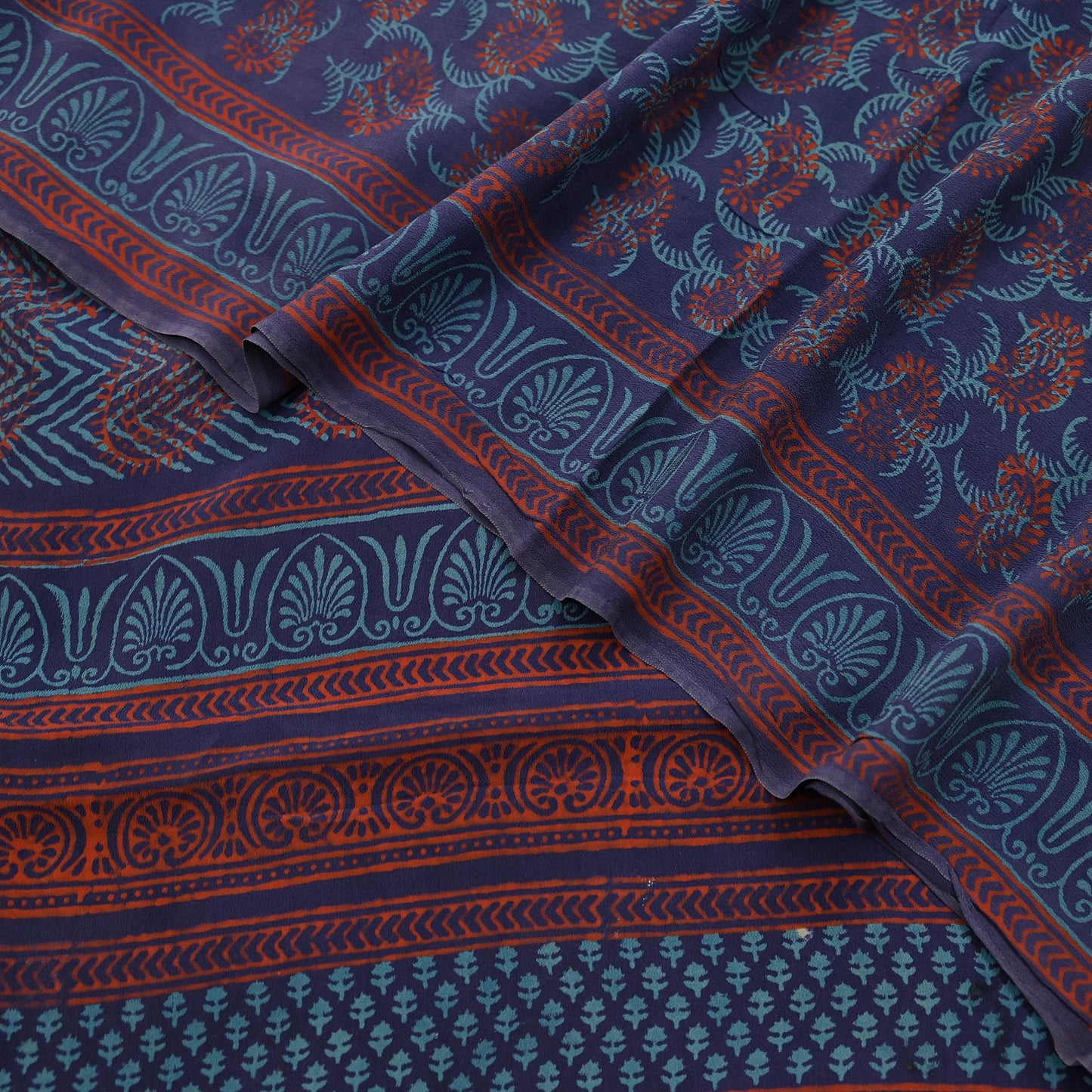 Vintage Blue Crepe Silk Saree Hand Block Printed Pure Silk Fabric 6 Yard Floral Indian Sari Soft Craft Quilting Dressmaking Material