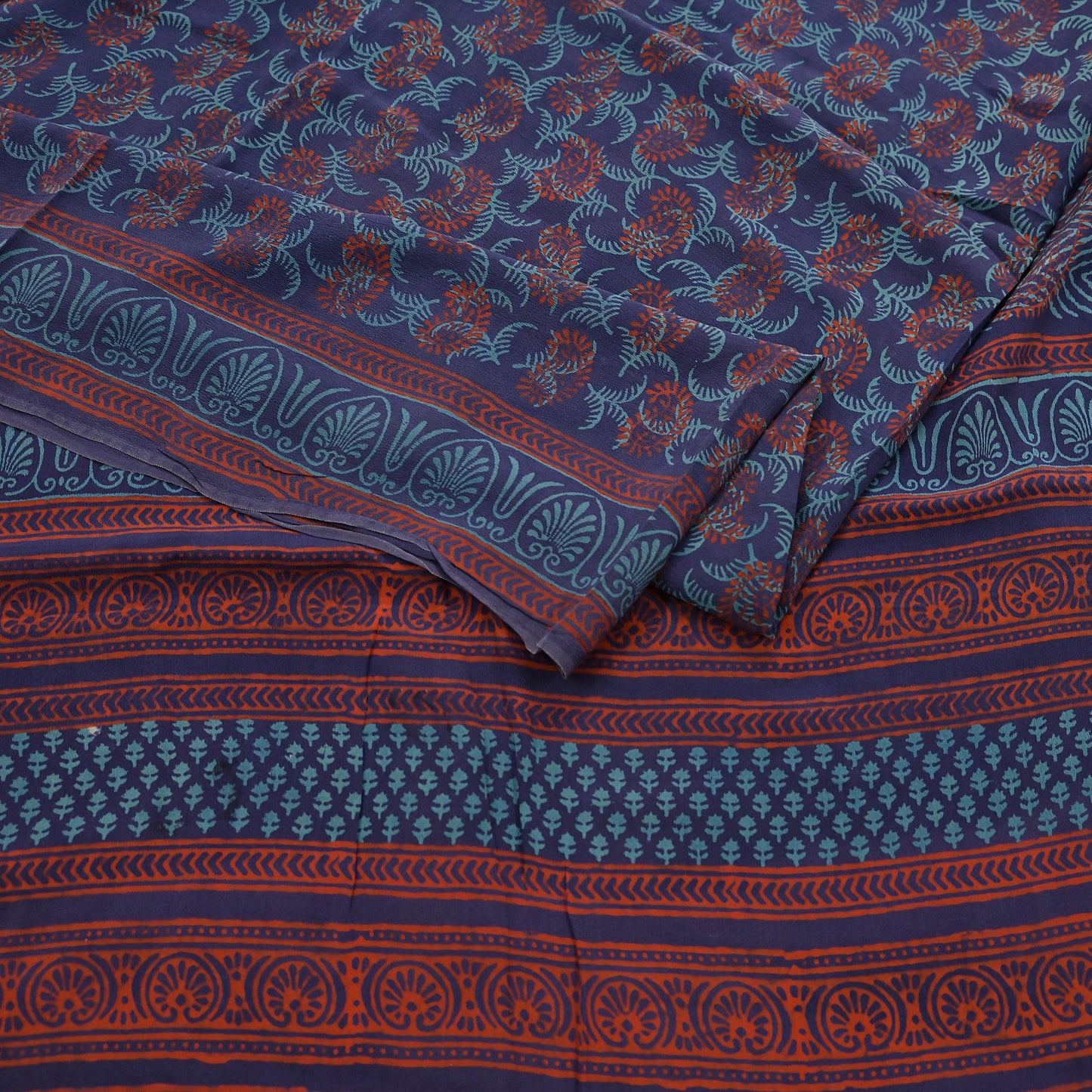 Vintage Blue Crepe Silk Saree Hand Block Printed Pure Silk Fabric 6 Yard Floral Indian Sari Soft Craft Quilting Dressmaking Material