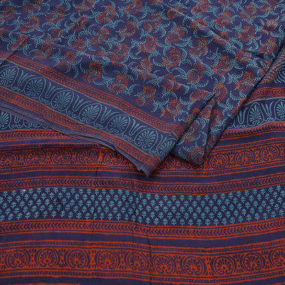 Vintage Blue Crepe Silk Saree Hand Block Printed Pure Silk Fabric 6 Yard Floral Indian Sari Soft Craft Quilting Dressmaking Material