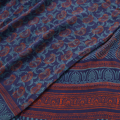 Vintage Blue Crepe Silk Saree Hand Block Printed Pure Silk Fabric 6 Yard Floral Indian Sari Soft Craft Quilting Dressmaking Material