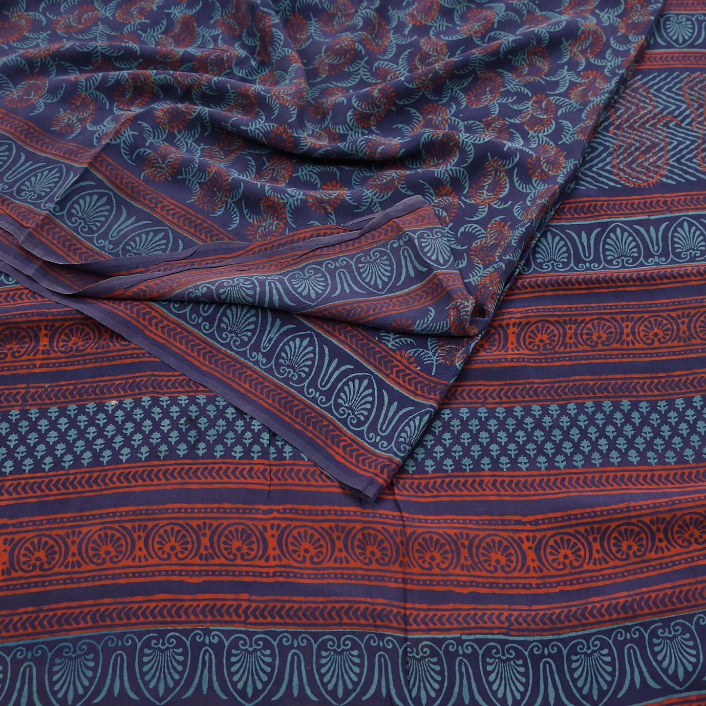 Vintage Blue Crepe Silk Saree Hand Block Printed Pure Silk Fabric 6 Yard Floral Indian Sari Soft Craft Quilting Dressmaking Material