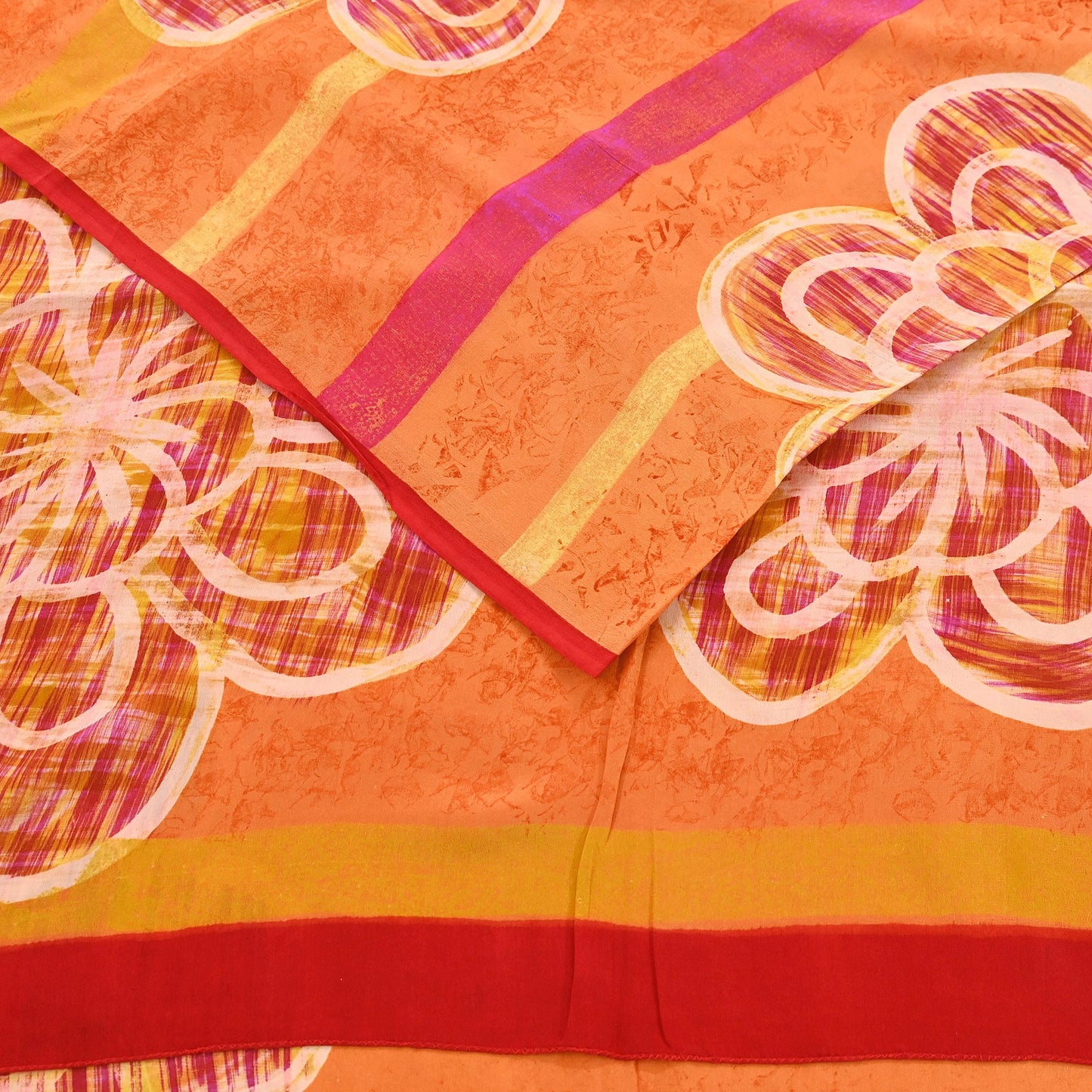 Vintage Yellow Orange Crepe Silk Saree Indian Pure Silk Printed Fabric 5 Yard Soft Sewing Material for Dressmaking, Quilting & Crafts