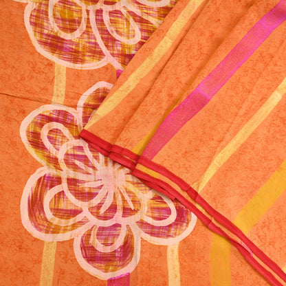 Vintage Yellow Orange Crepe Silk Saree Indian Pure Silk Printed Fabric 5 Yard Soft Sewing Material for Dressmaking, Quilting & Crafts