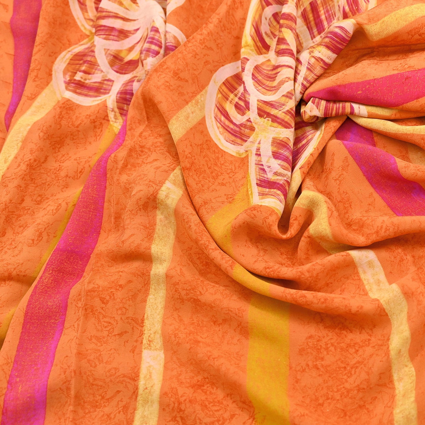 Vintage Yellow Orange Crepe Silk Saree Indian Pure Silk Printed Fabric 5 Yard Soft Sewing Material for Dressmaking, Quilting & Crafts