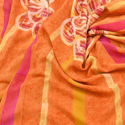 Vintage Yellow Orange Crepe Silk Saree Indian Pure Silk Printed Fabric 5 Yard Soft Sewing Material for Dressmaking, Quilting & Crafts
