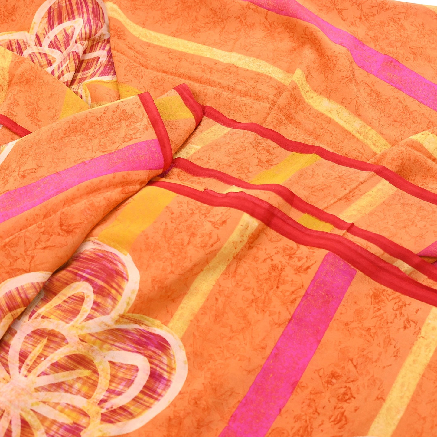 Vintage Yellow Orange Crepe Silk Saree Indian Pure Silk Printed Fabric 5 Yard Soft Sewing Material for Dressmaking, Quilting & Crafts