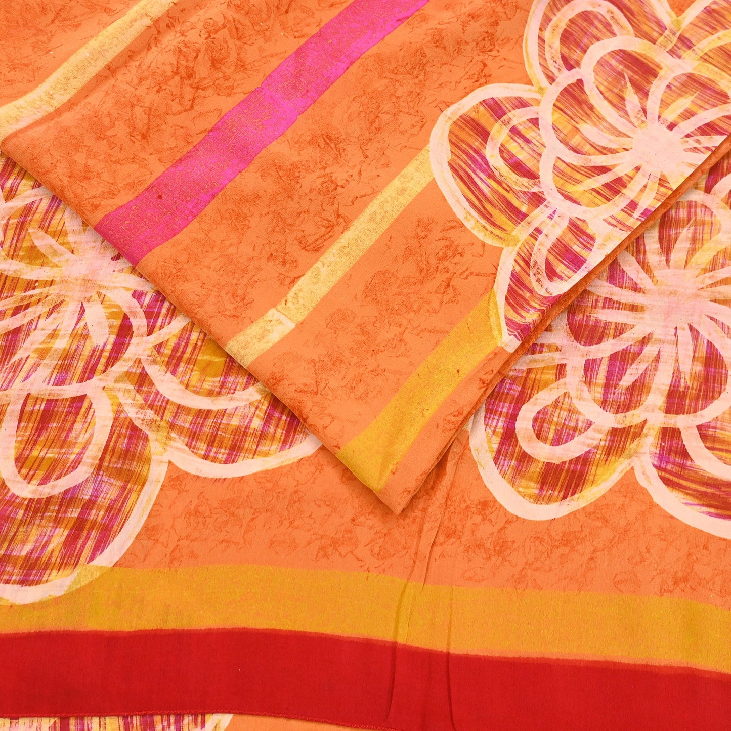 Vintage Yellow Orange Crepe Silk Saree Indian Pure Silk Printed Fabric 5 Yard Soft Sewing Material for Dressmaking, Quilting & Crafts