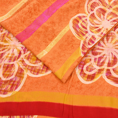 Vintage Yellow Orange Crepe Silk Saree Indian Pure Silk Printed Fabric 5 Yard Soft Sewing Material for Dressmaking, Quilting & Crafts